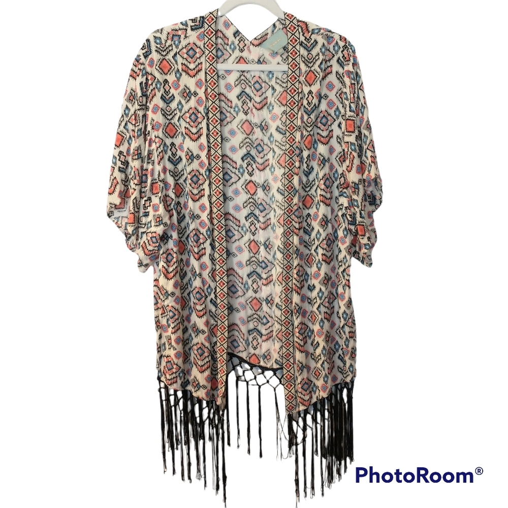 Women's Skies Are Blue Fringe Kimono - Blue, Orange, and Black - Size Medium